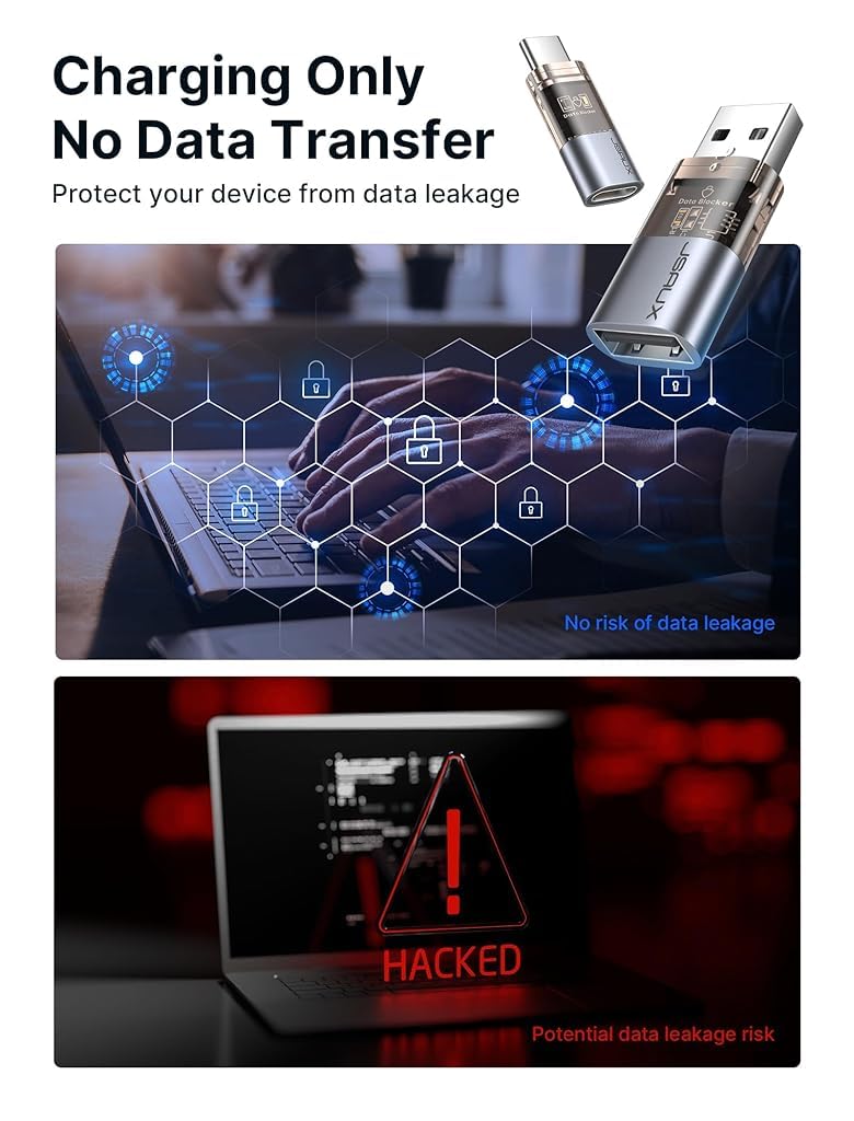 JSAUX USB Data Blocker & USB C Data Blocker (4-Pack), Transparent USB-A to USB-A & USB-C to USB-C Data Blocker Only for Charge, Protect Against Juice Jacking, Refuse Hacking Provide Safe JSAUX USB Data Blocker & USB C Data Blocker (4-Pack), Transparent USB-A to USB-A & USB-C to USB-C Data Blocker Only for Charge, Protect Against Juice Jacking, Refuse Hacking Provide Safe